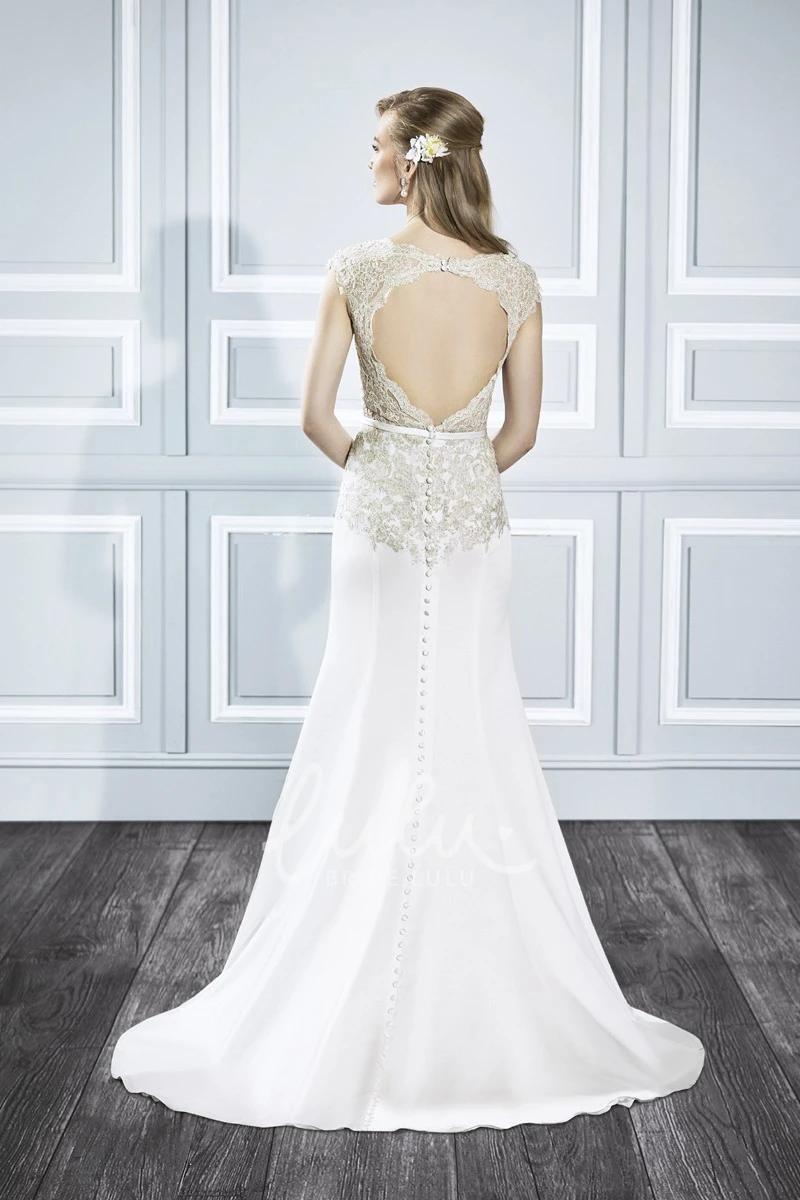 Jewel Appliqued Sheath Wedding Dress with Keyhole Back and Sweep Train