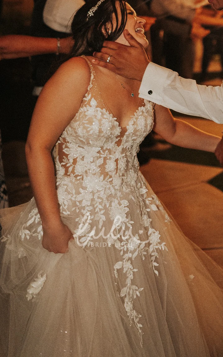 Court Elegant A Line Tulle Wedding Dress V-neck Train Ethereal Garden