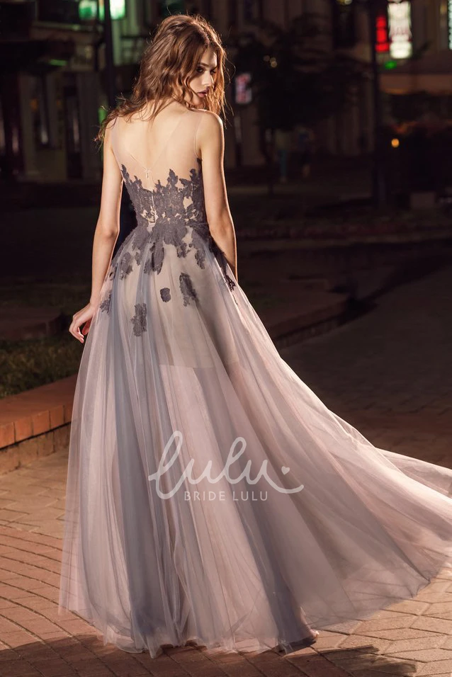 Maxi Tulle Dress with Appliques Pleats and Low-V Back for Prom or Formal Event