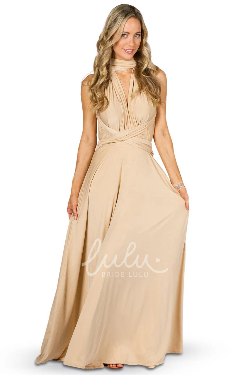 Strapped Sleeveless Convertible Bridesmaid Dress with Bow Elegant Jersey