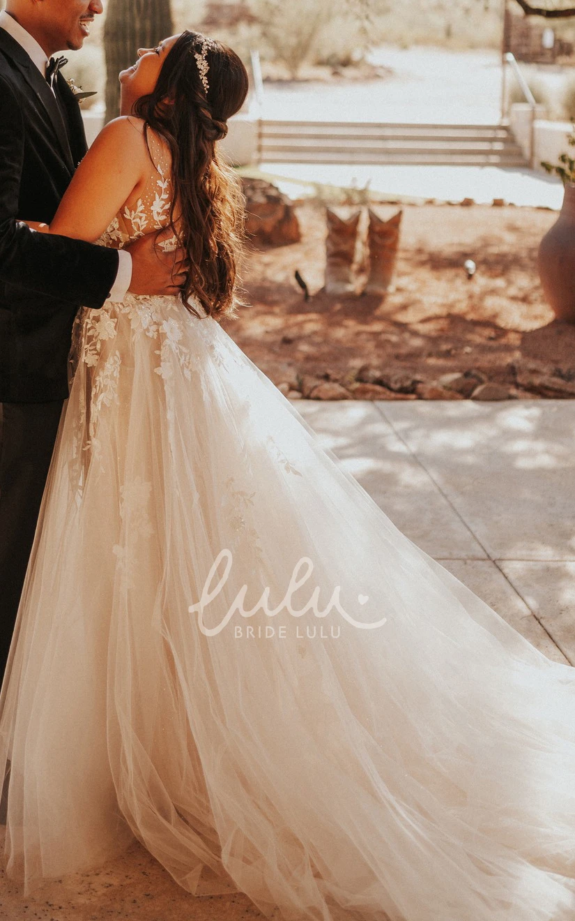 Court Elegant A Line Tulle Wedding Dress V-neck Train Ethereal Garden