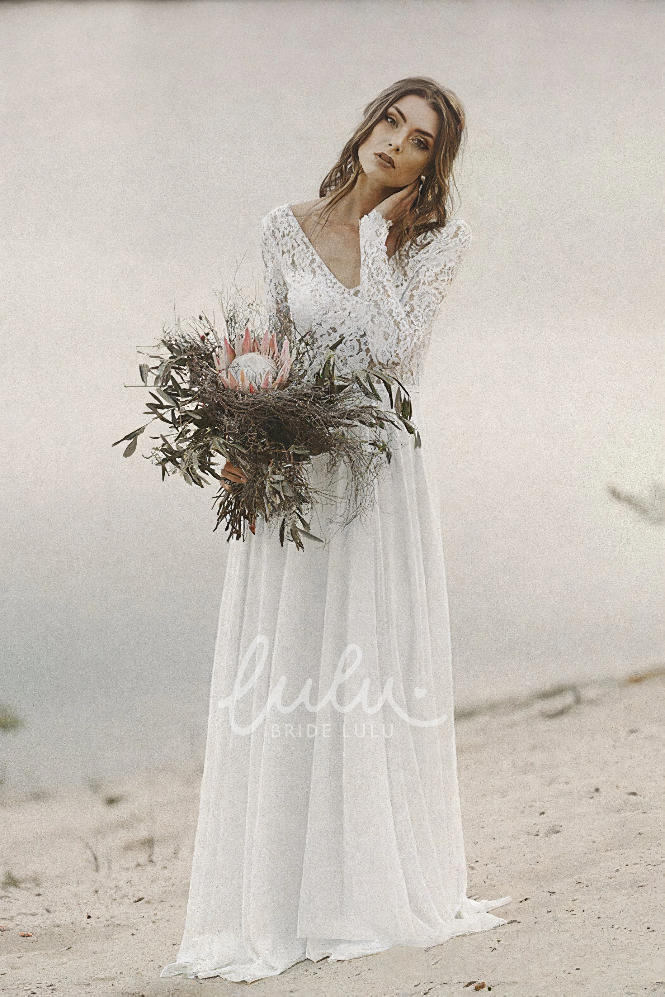 A-line V-neck Wedding Dress with Long Lace Sleeves and Simple Elegance