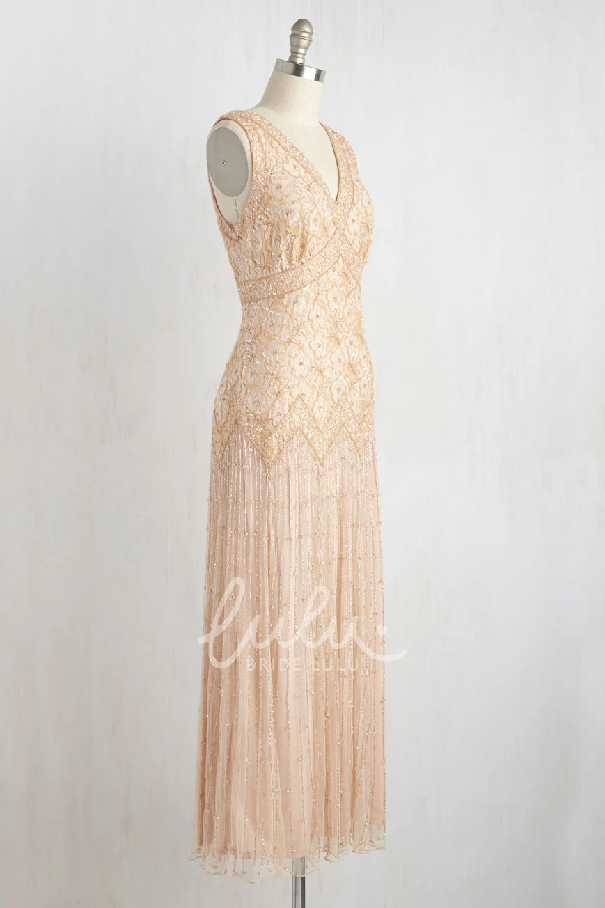 Beaded Tulle Wedding Dress with Low-V Back Sleeveless Sheath Bridal Gown