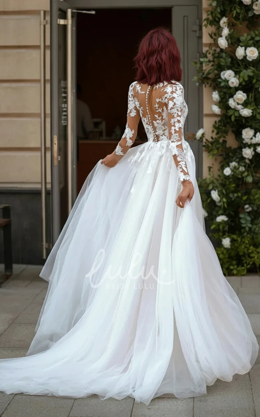 Elegant Lace Applique A-Line Wedding Dress with Long Sleeves V Neck and Train Backless Tulle Bridal Gown