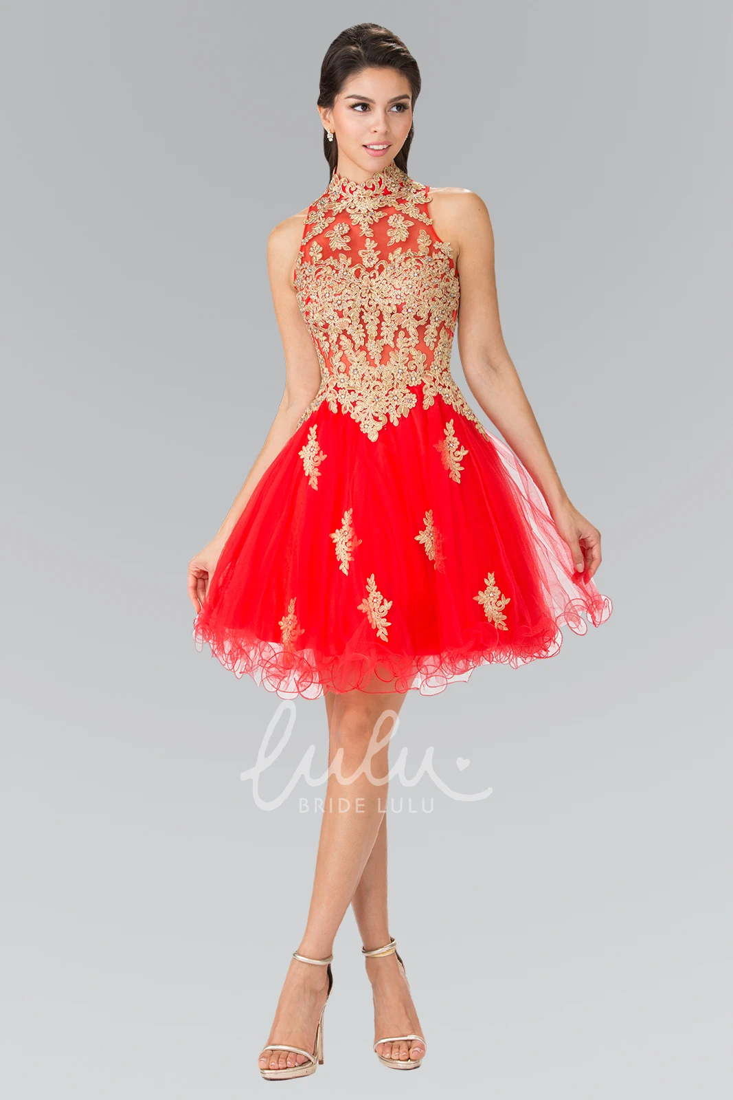 Tulle A-Line Dress With Ruffles Appliques and High Neck