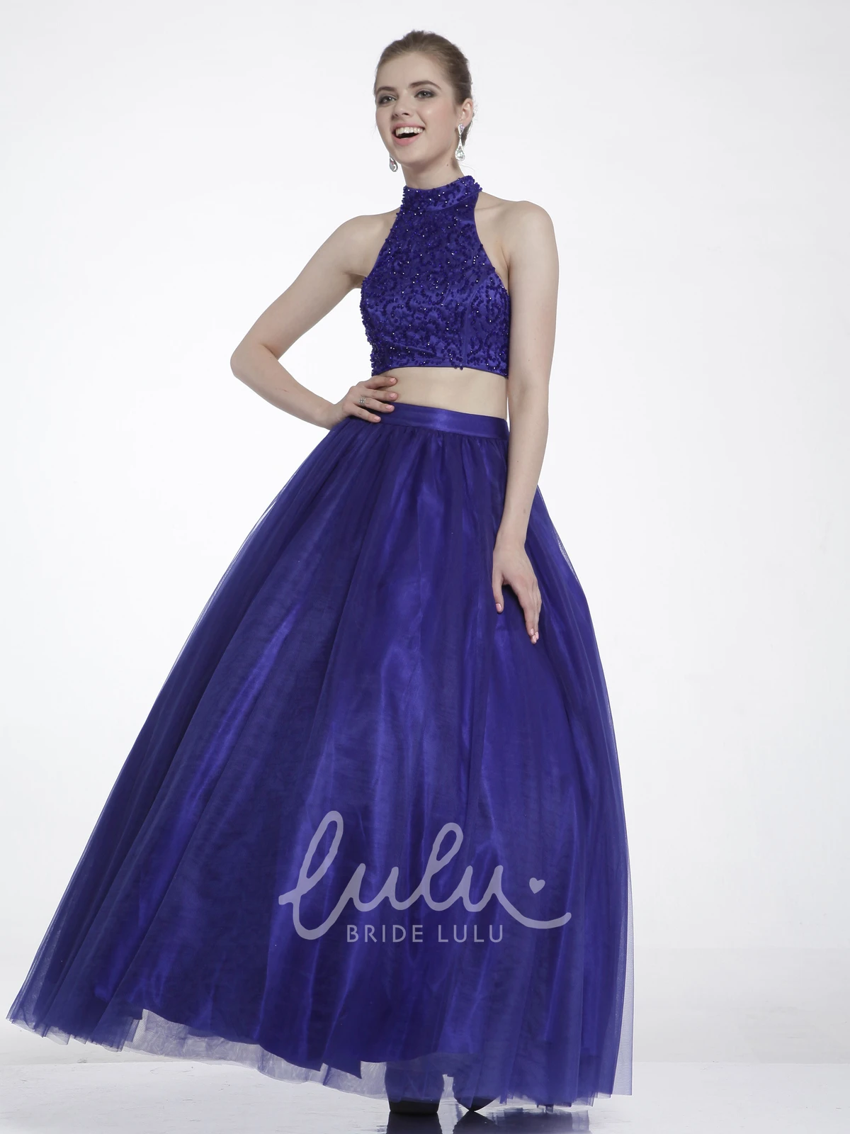 Satin Keyhole A-Line Formal Dress with Beading High-Neck Sleeveless Ankle-Length