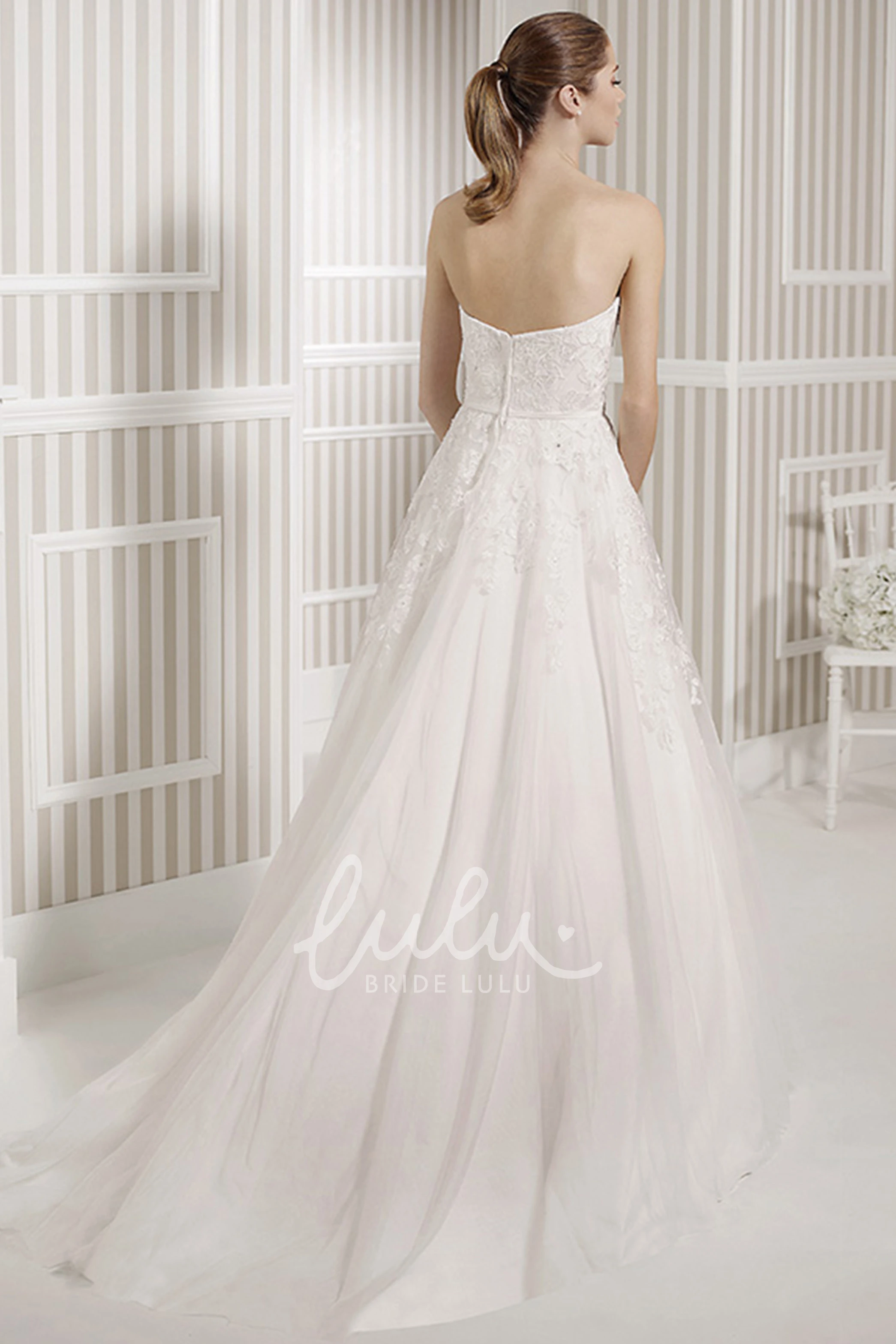 Strapless Sleeveless A-Line Spring Wedding Dress with Appliques and Backless Style