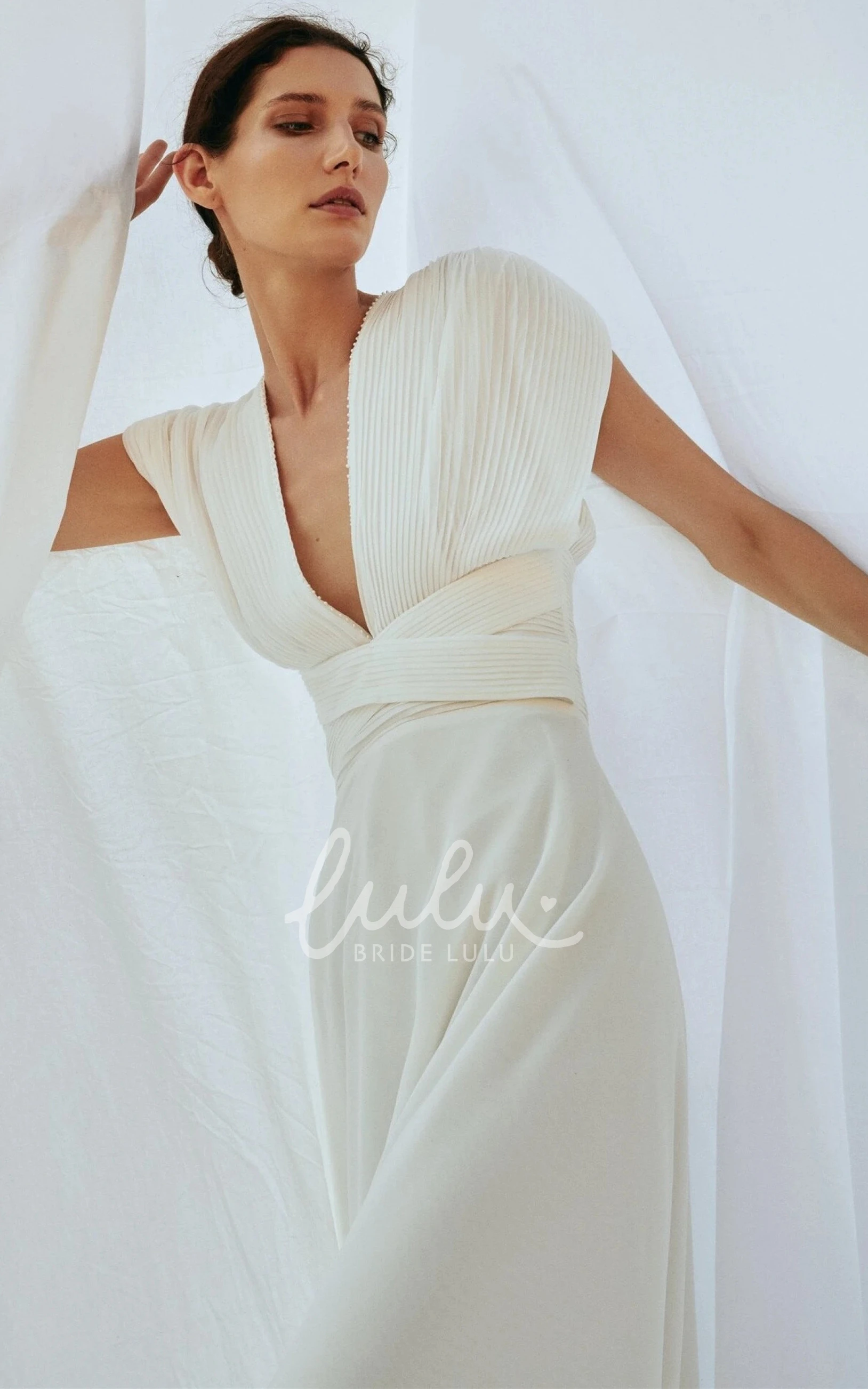 Chiffon A Line Wedding Dress with V-neck & Sash Modern & Flowy