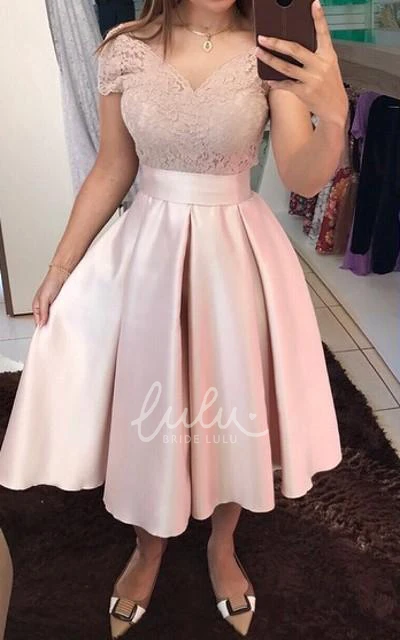 Satin Lace V-neck Short Sleeve A-line Formal Dress with Bows and Sash