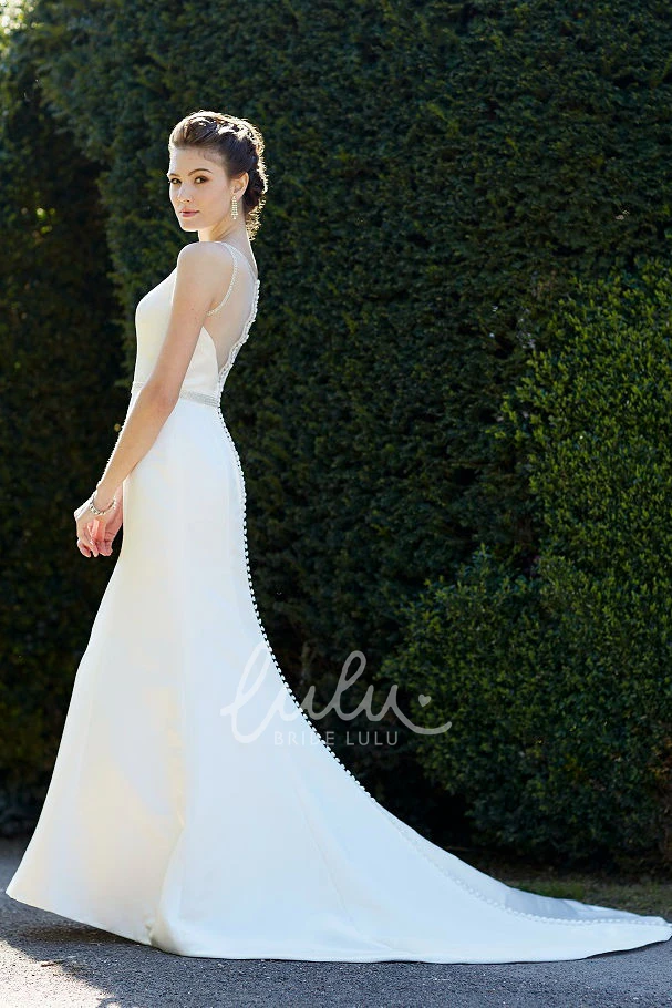 Jeweled Satin Wedding Dress with Jewel Neckline and Chapel Train