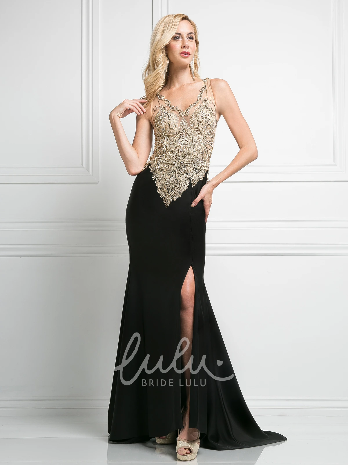 V-Neck Beaded Sheath Jersey Bridesmaid Dress with Illusion and Split Front