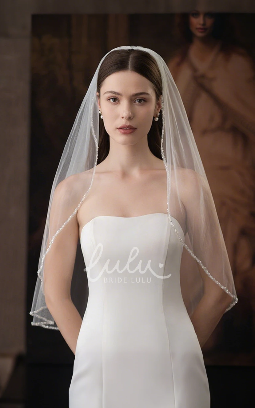 Modern Sparkly One-Tier Waterfall Sequin Pearl Tulle Elbow Length Short Wedding Veil