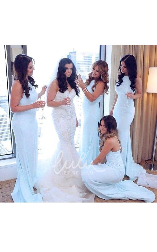 High Neck Mermaid Chiffon Bridesmaid Dress with Illusion Back and Sweep Train