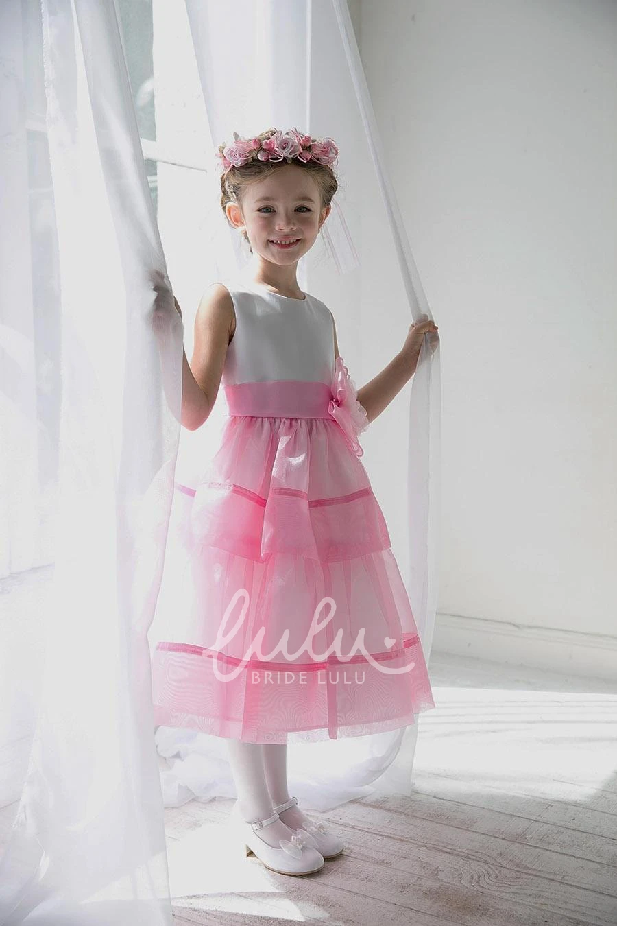 Tiered Floral Organza Tea-Length Flower Girl Dress with Beaded Sequins