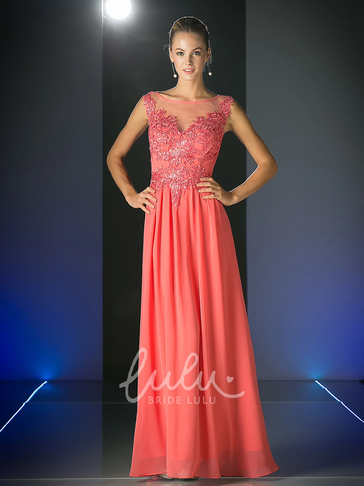 Scoop-Neck Sleeveless Sheath Dress with Appliques and Illusion in Chiffon Fabric