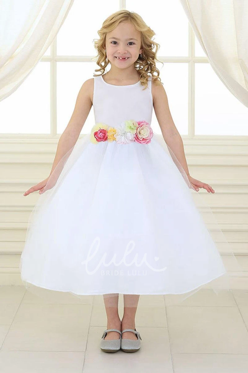 Tiered Satin & Tulle Flower Girl Dress with Tea-Length Hem