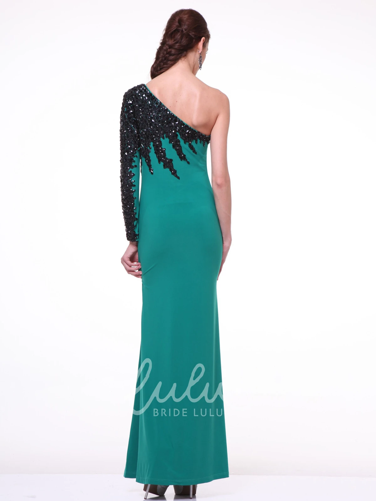 One-Shoulder Jersey Pencil Dress with Beading and Long Sleeves