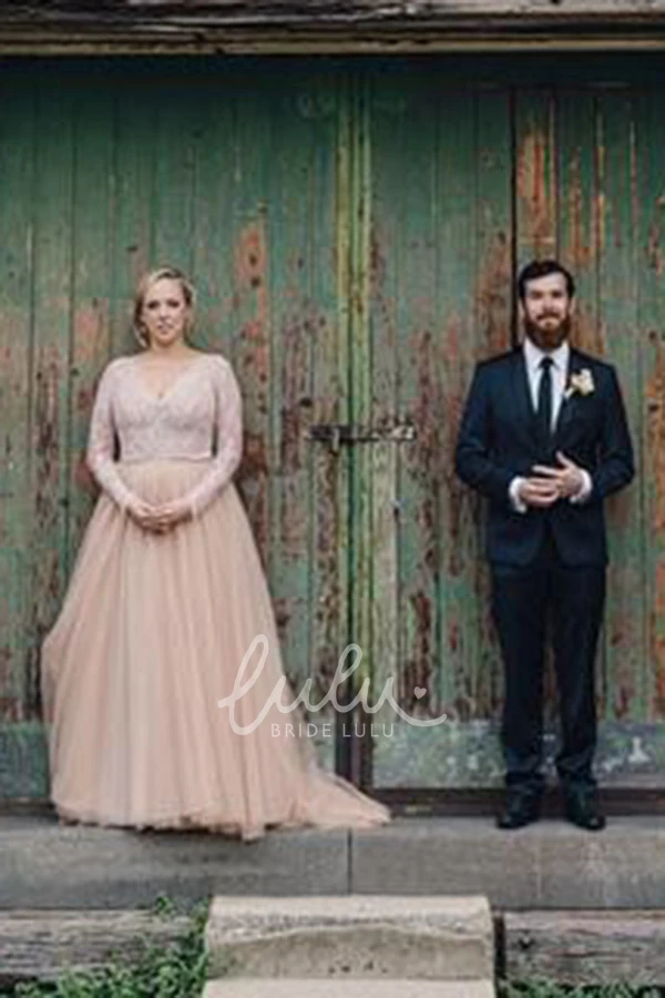 Lace and Tulle A-Line Wedding Dress with V-Neckline Open Back and Zipper Closure