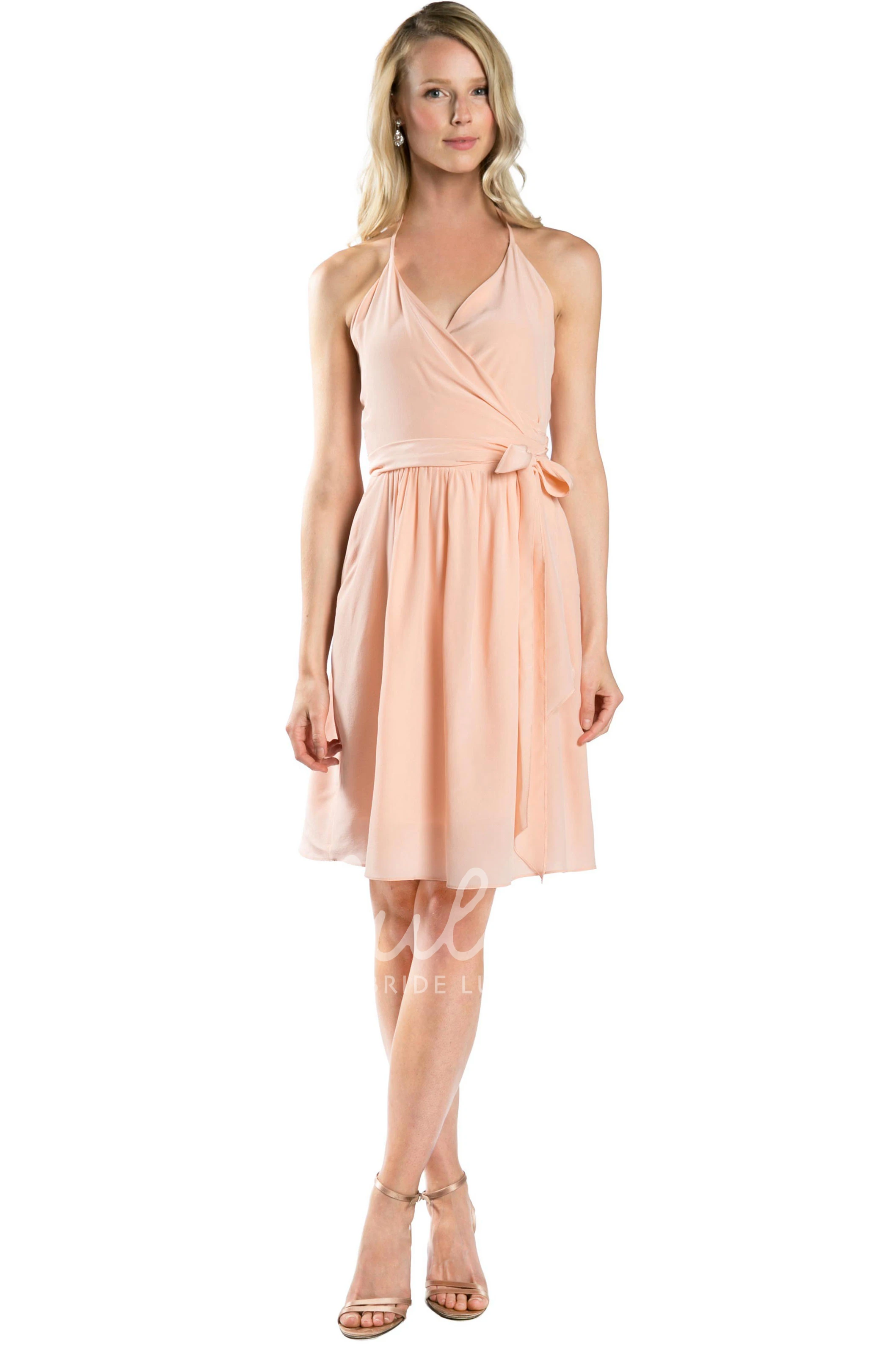 Spaghetti Chiffon Multi-Color Bridesmaid Dress Short Length with Bow Detail
