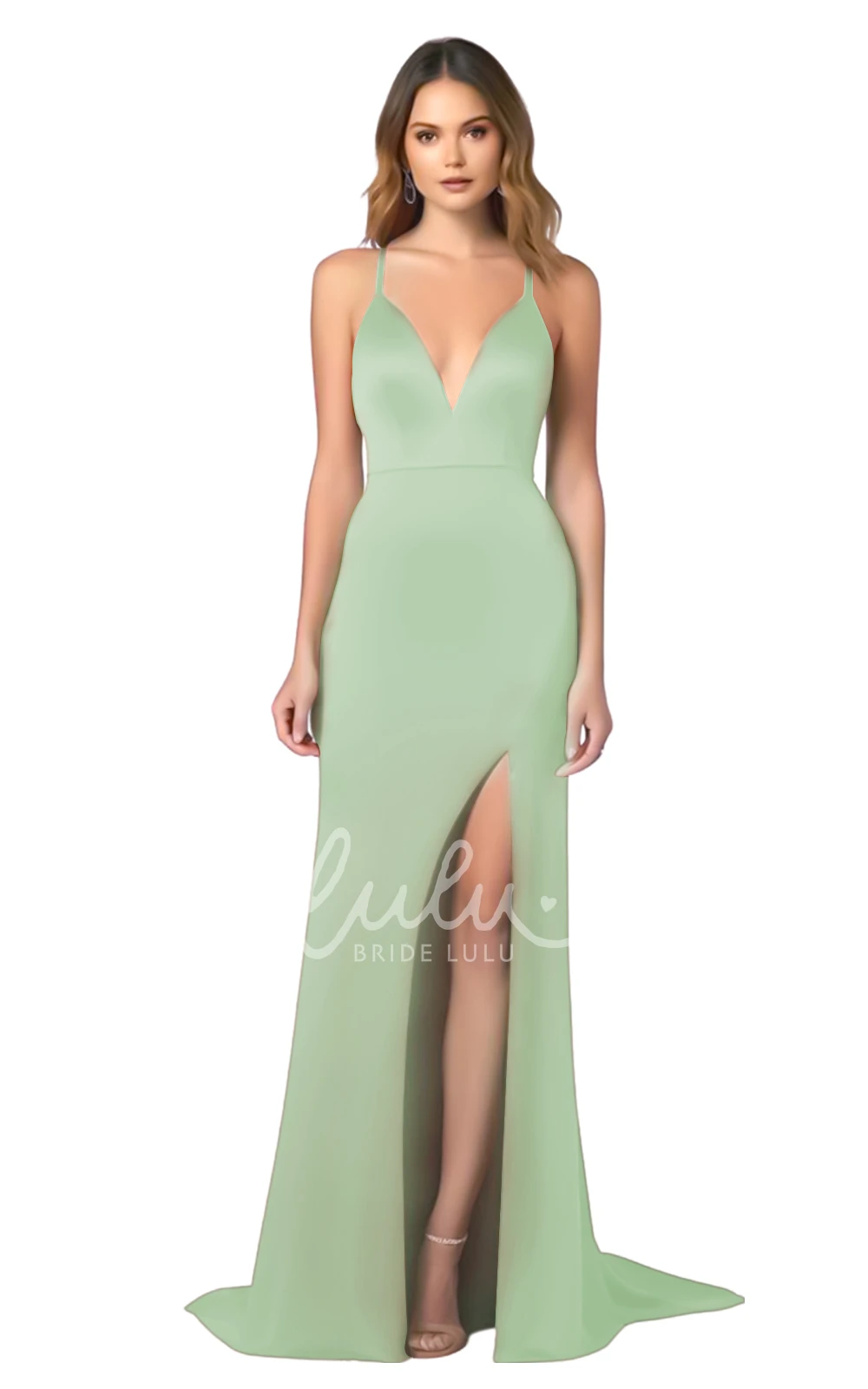 Modern Satin A-Line Spaghetti V-neck Bridesmaid Dress with Front Split Elegant Wedding Dress
