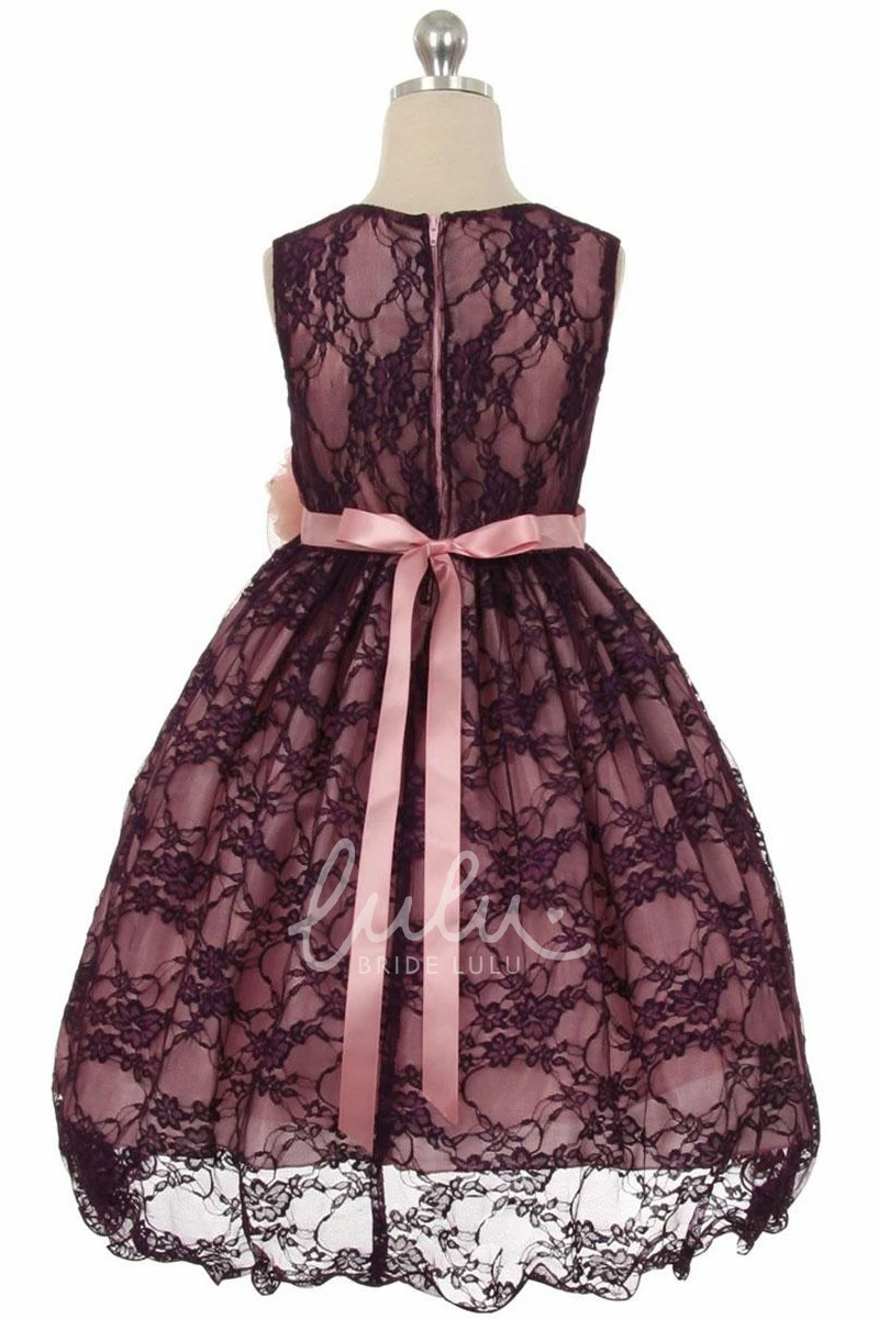 Tea-Length Lace and Satin Flower Girl Dress with Beaded Floral Design and Sash