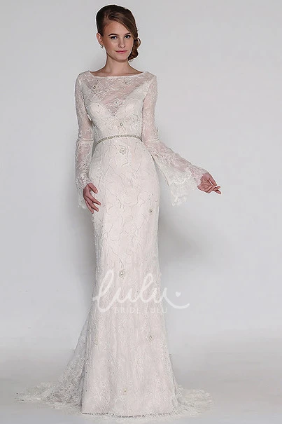 Bell-Sleeve Lace Wedding Dress with Sweep Train Bateau Neckline and Backless Design
