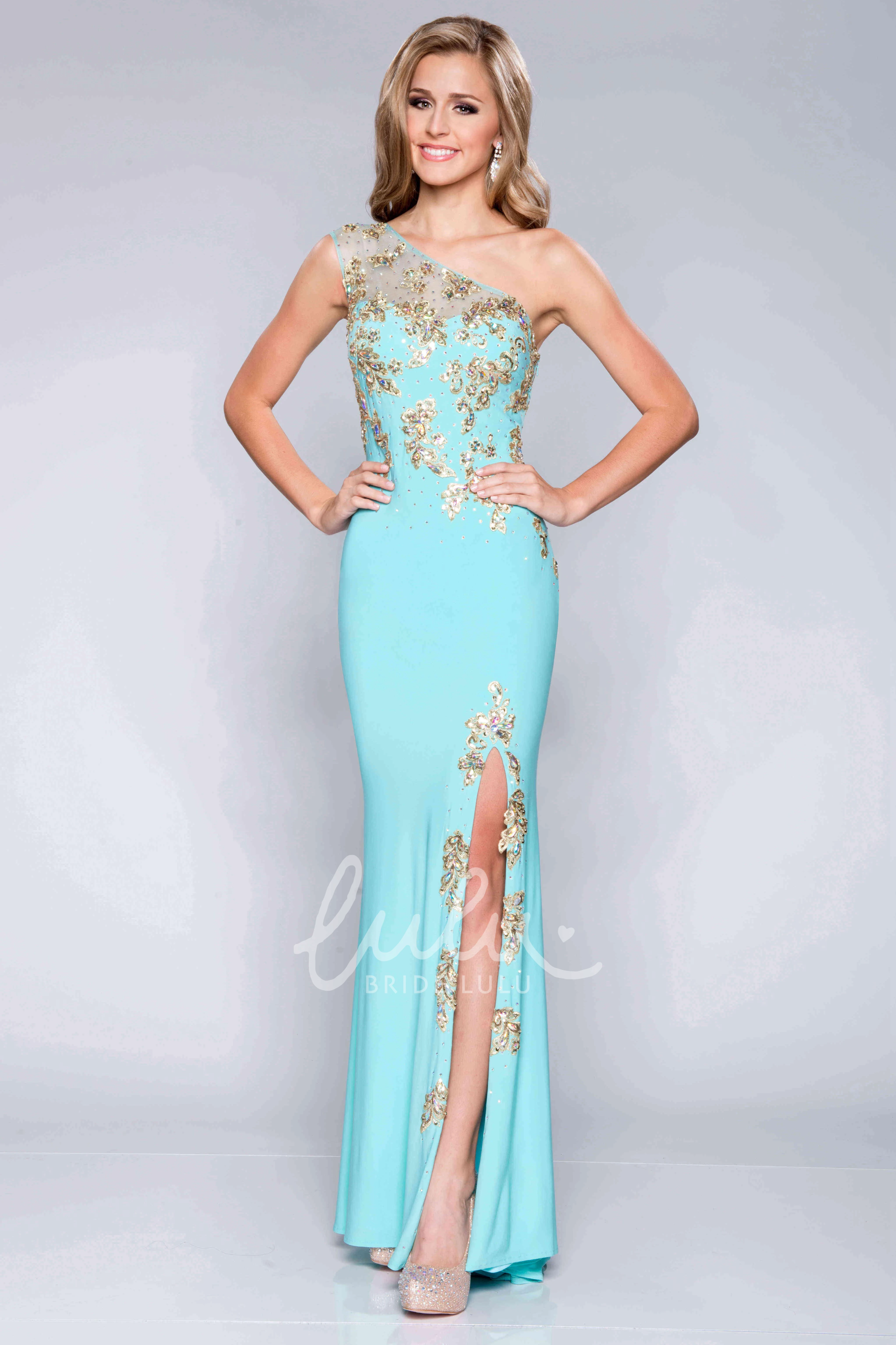 Column Prom Dress with Beaded Appliques One-Shoulder Side Slit Elegant