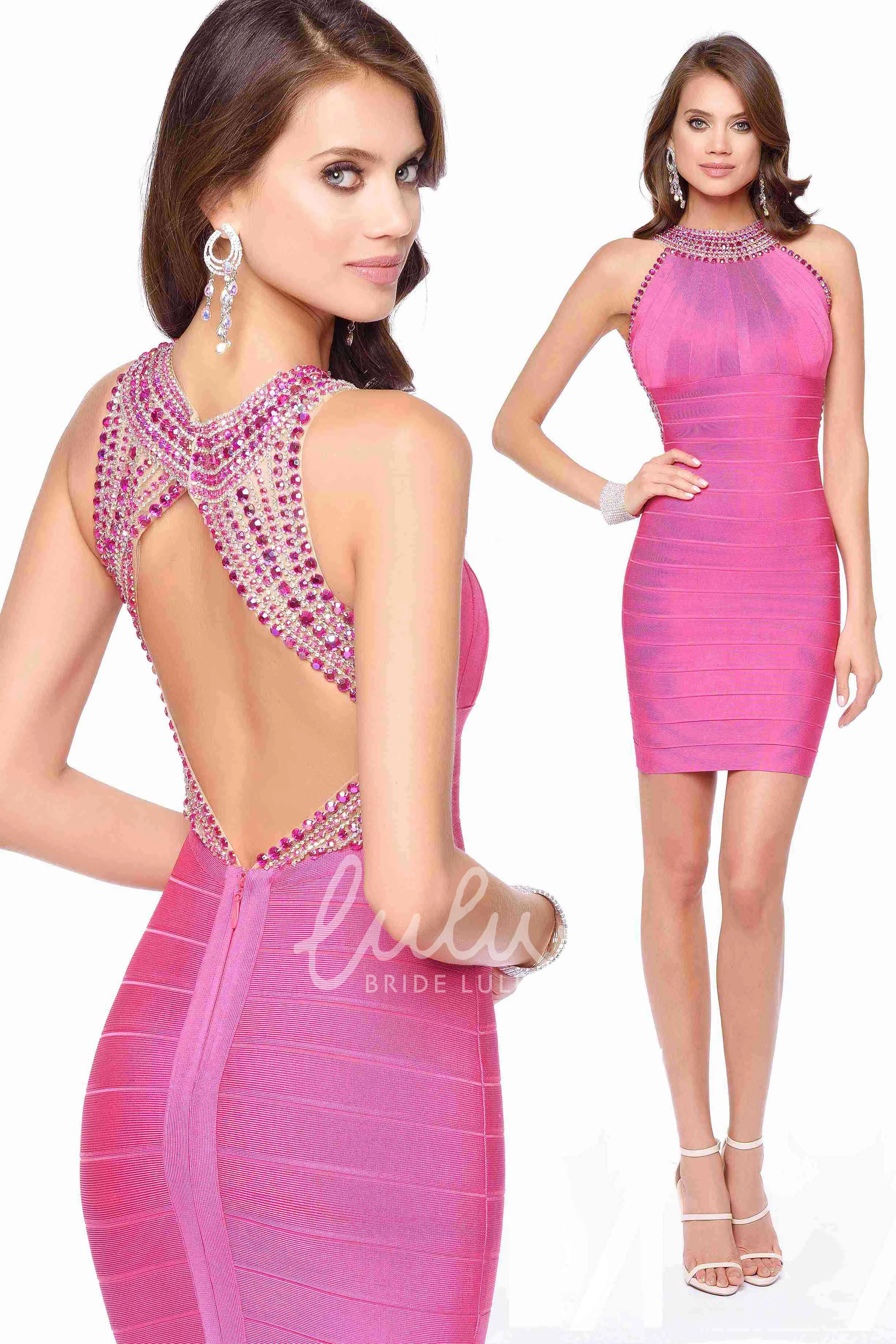 Short Jewel-Neck Prom Dress with Keyhole and Beading