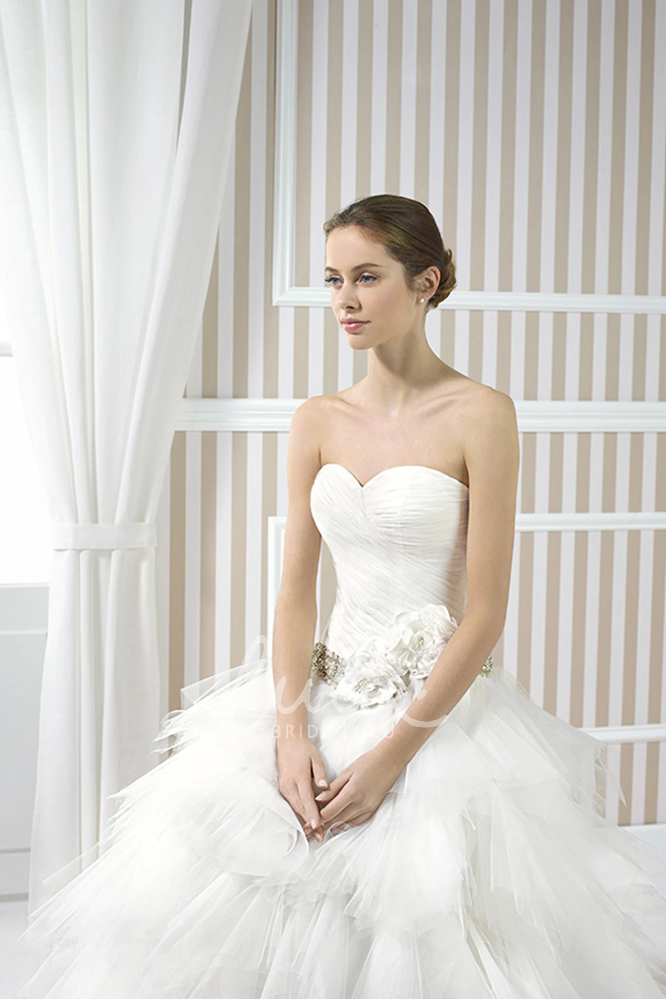 Tiered Tulle Wedding Dress with Flower and Criss Cross A-Line Sweetheart