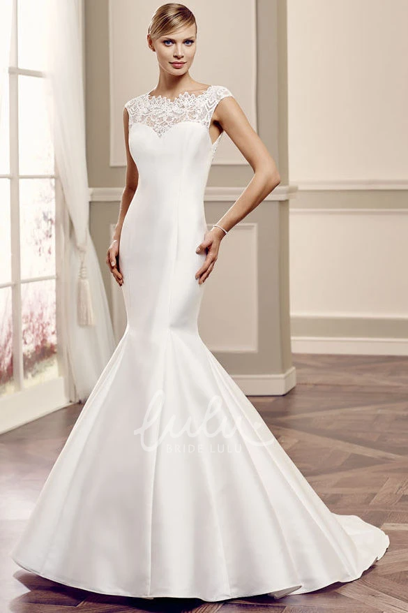 Cap-Sleeve Lace Satin Wedding Dress with Keyhole and Court Train Scoop Neck