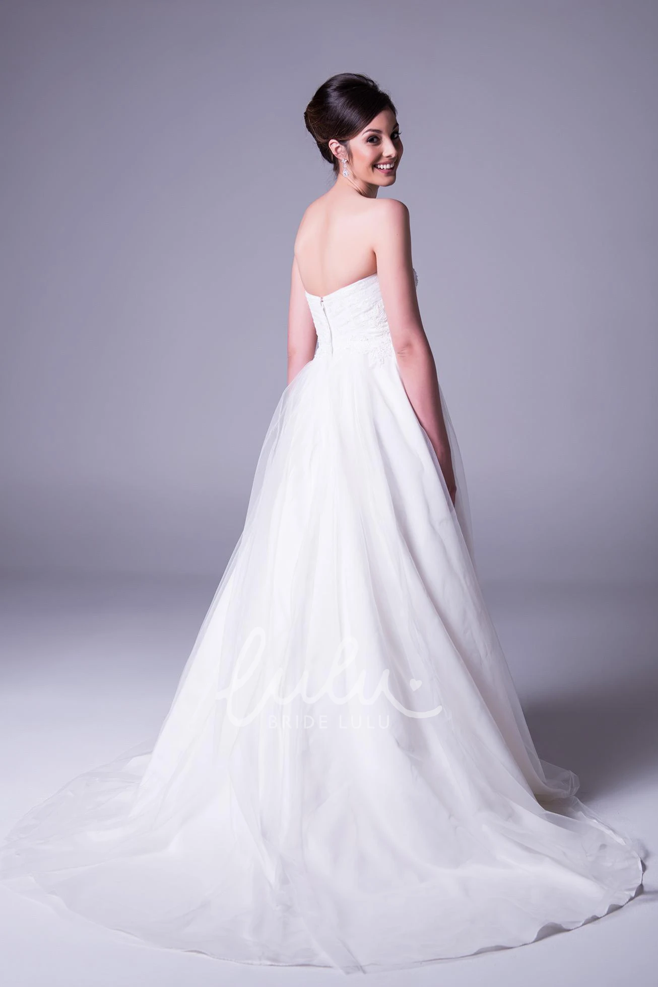 Appliqued Tulle and Satin Wedding Dress with Beading A-Line Strapless Appliqued Floor-Length Wedding Dress