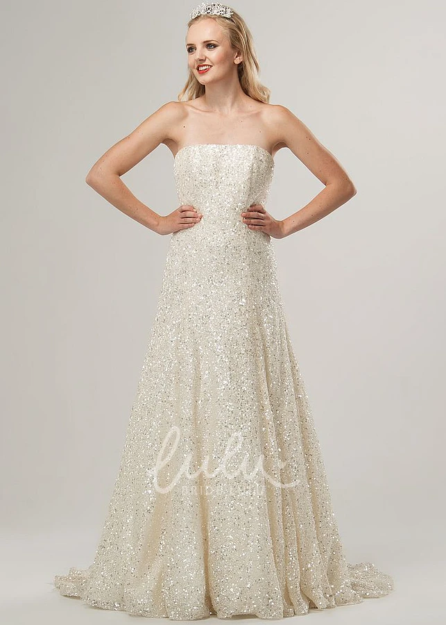 A-Line Sequin Strapless Sleeveless Wedding Dress Long and Elegant