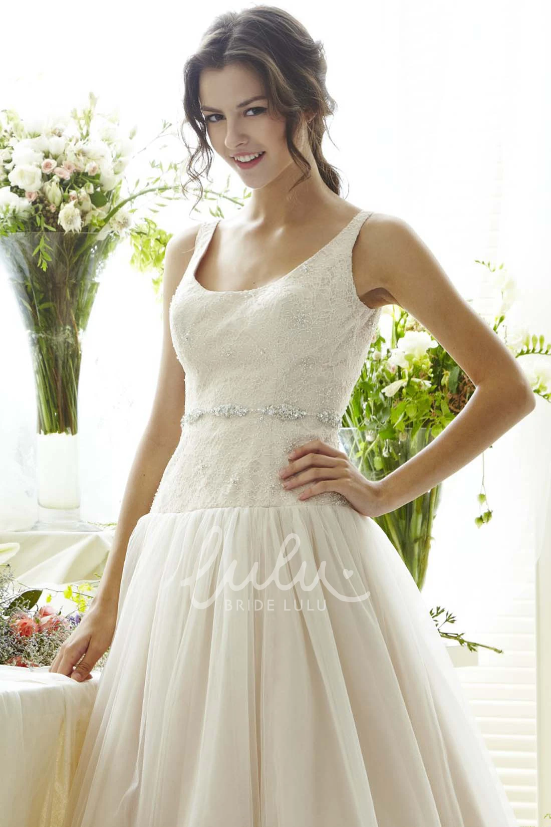 Jeweled Tulle V-Back Wedding Dress with Sweep Train Elegant Bridal Gown