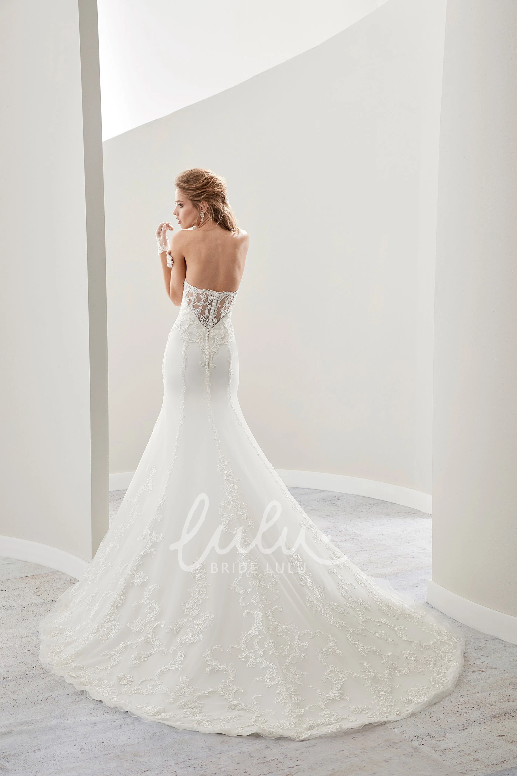 Mermaid Lace Wedding Dress with Strapless Illusive Details and Brush Train