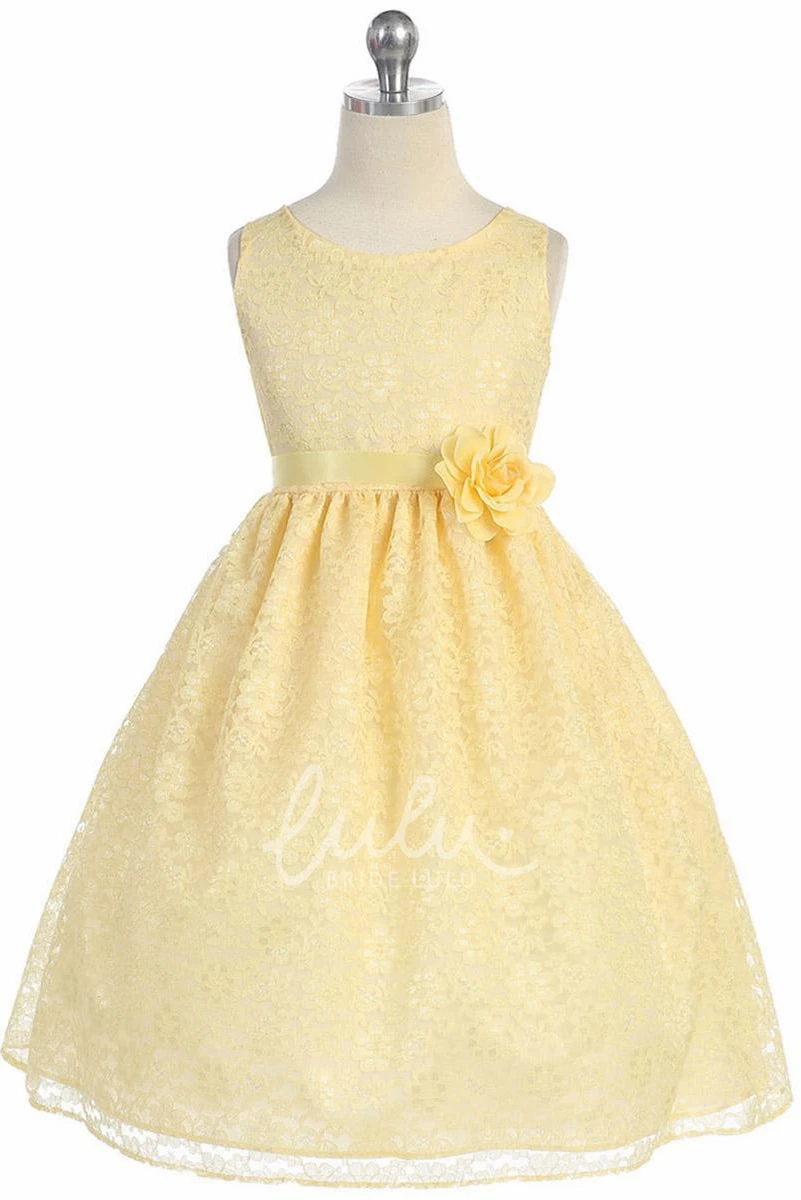 Lace Tea-Length Flower Girl Dress with Floral Design