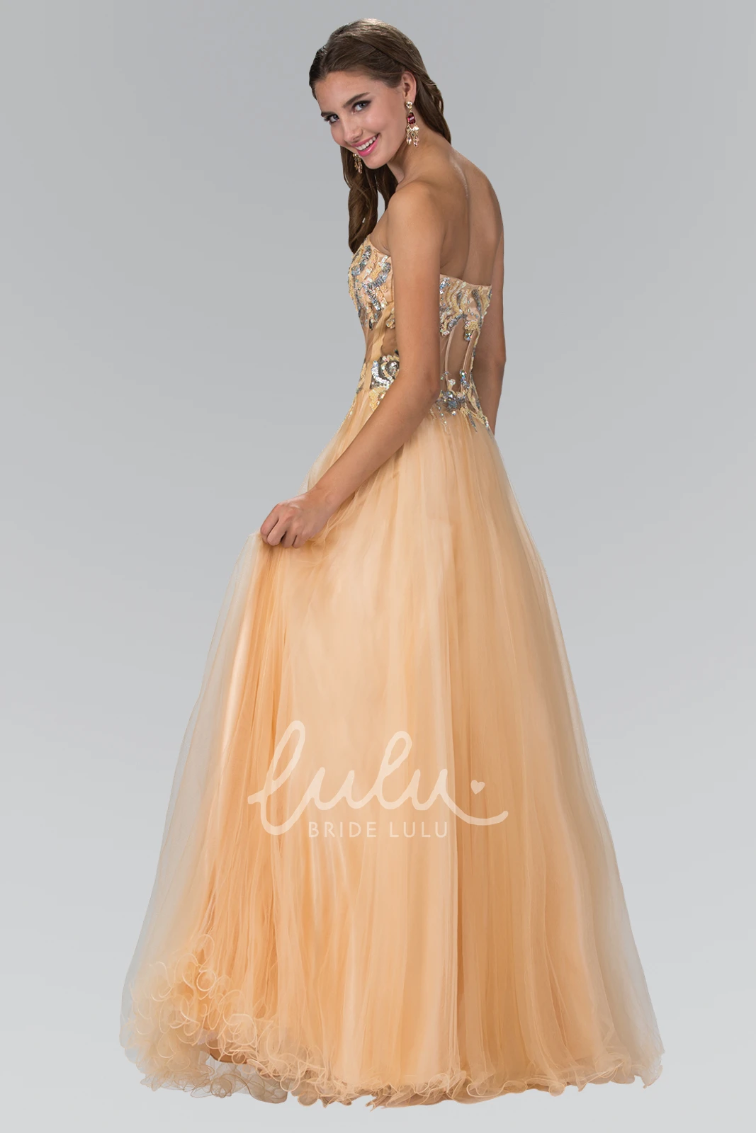 Strapless Tulle A-Line Backless Prom Dress with Beading and Ruffles