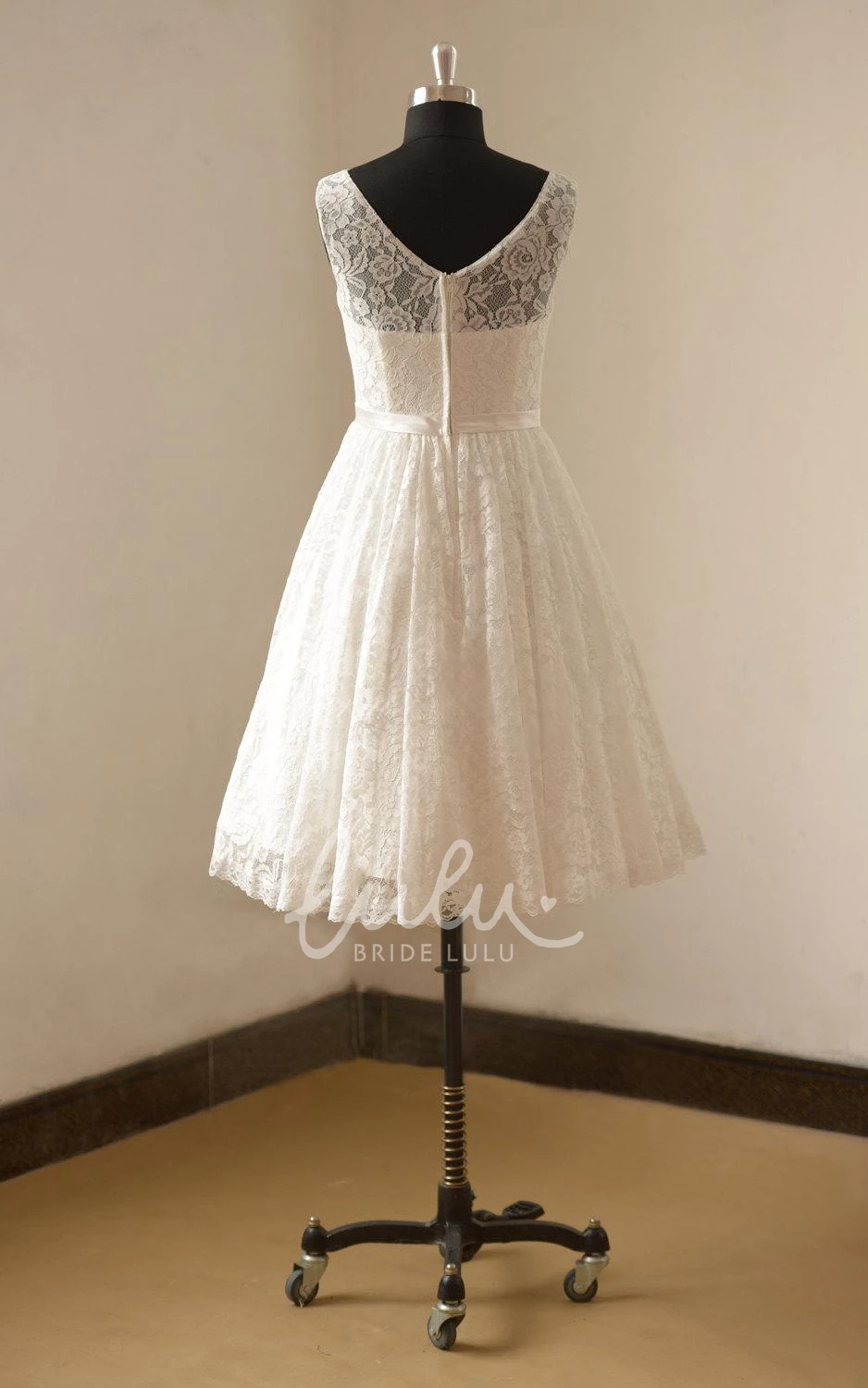 Tea-Length Lace Wedding Dress Satin Sash Bateau Neckline