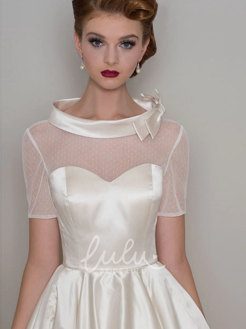 Short-Sleeve Knee-Length A-Line Satin Wedding Dress with Bow