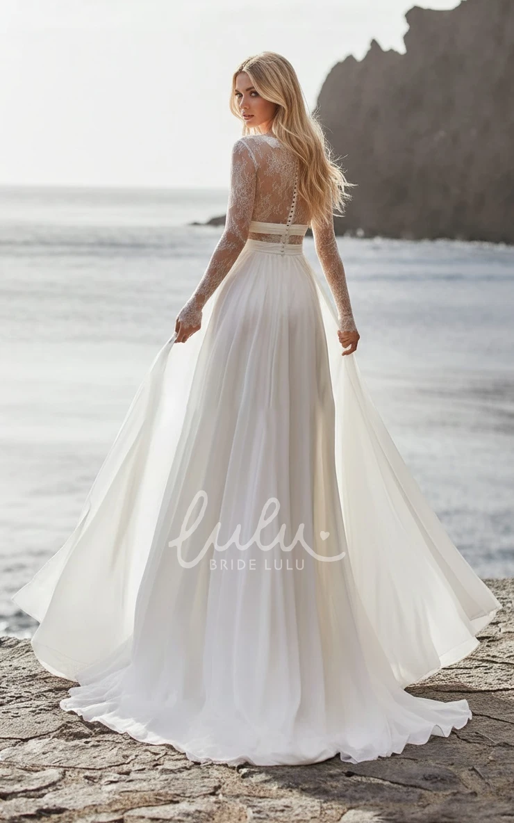 Bohemian Pleated Plunging V-neck A-Line Lace Long Sleeve Floor-length Summer Wedding Dress Destination Gown