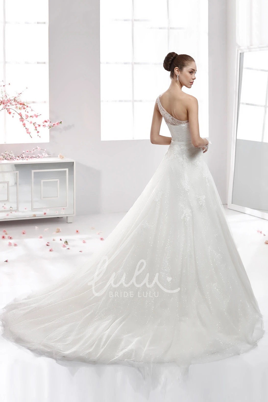 Illusive Strap One-Strap Lace Wedding Dress with Appliques and Flowy Skirt