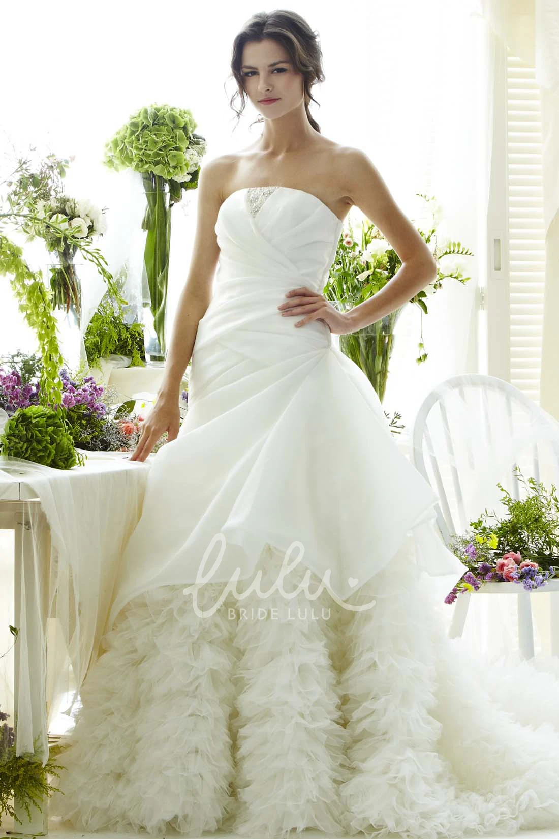 Ruffled Satin Backless Wedding Dress with Beading Unique Bridal Gown