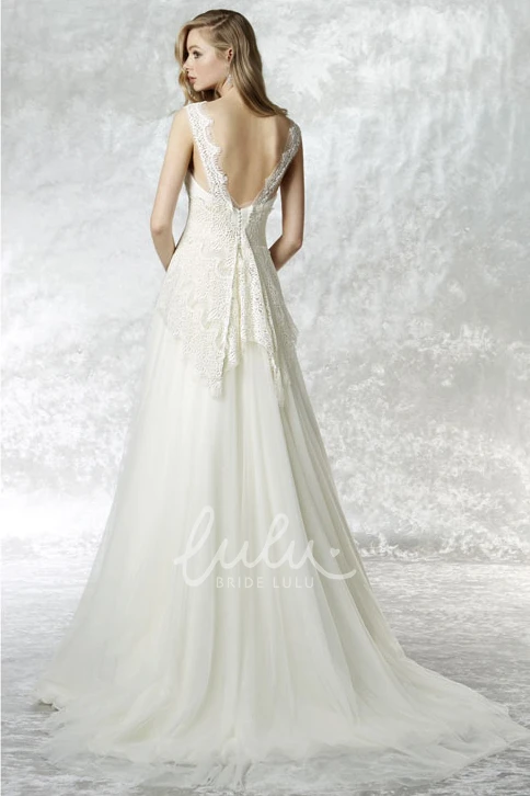 Appliqued Tulle Wedding Dress with Square Neckline and V Back Unique Bridal Gown