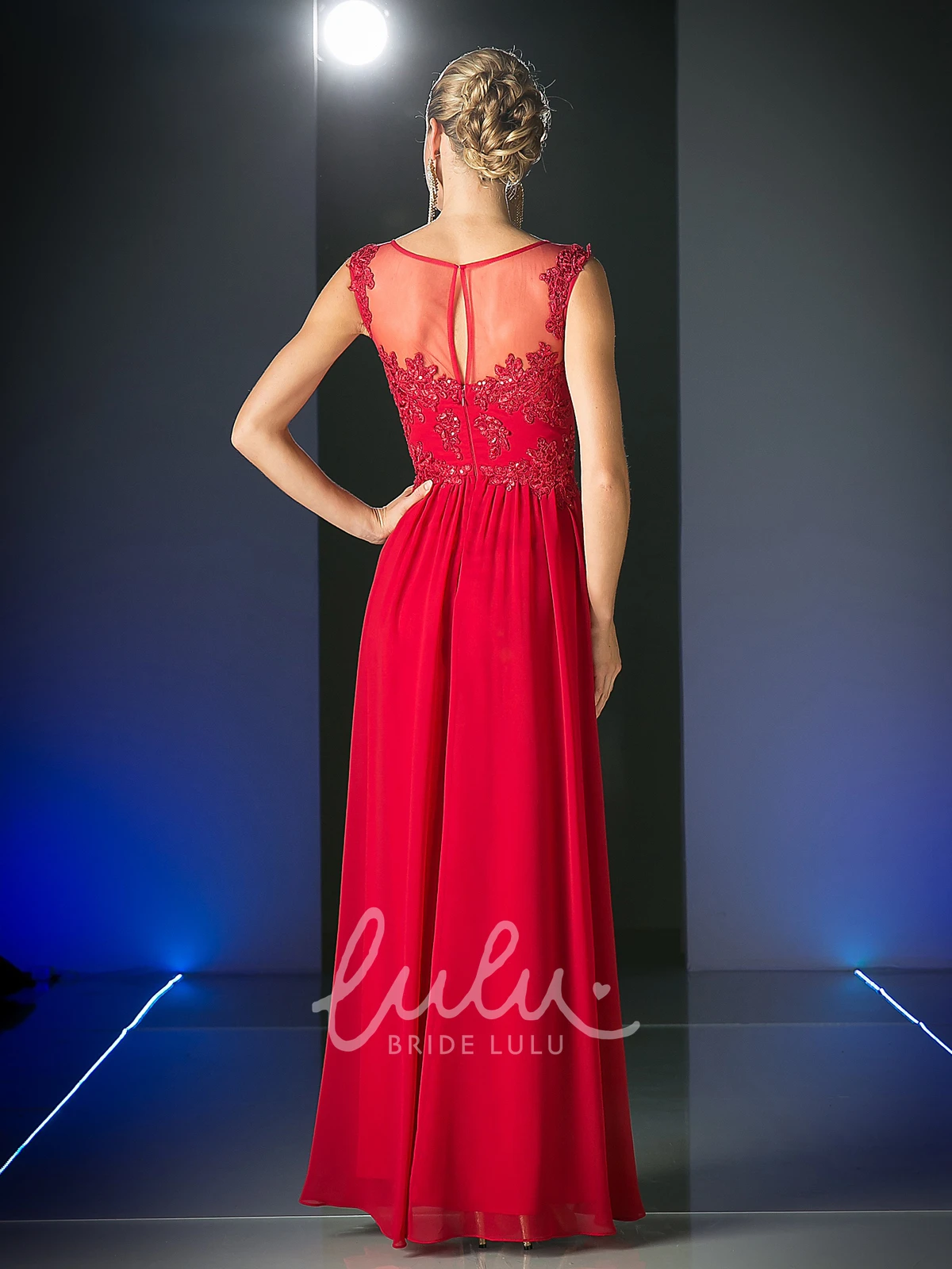 Scoop-Neck Sleeveless Sheath Dress with Appliques and Illusion in Chiffon Fabric