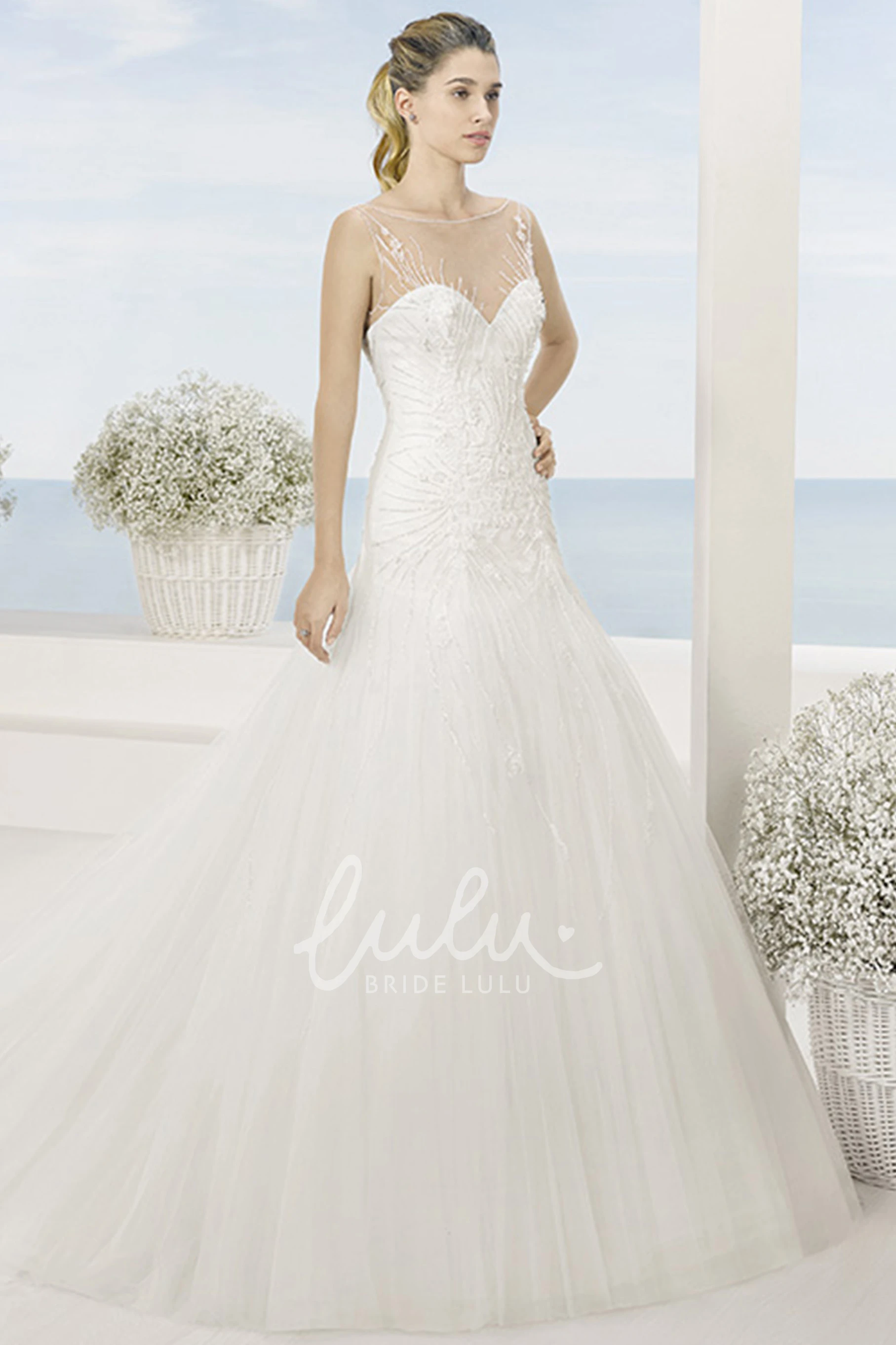 Illusion Back A-Line Tulle Wedding Dress with Beading Sleeveless & Bateau Neck