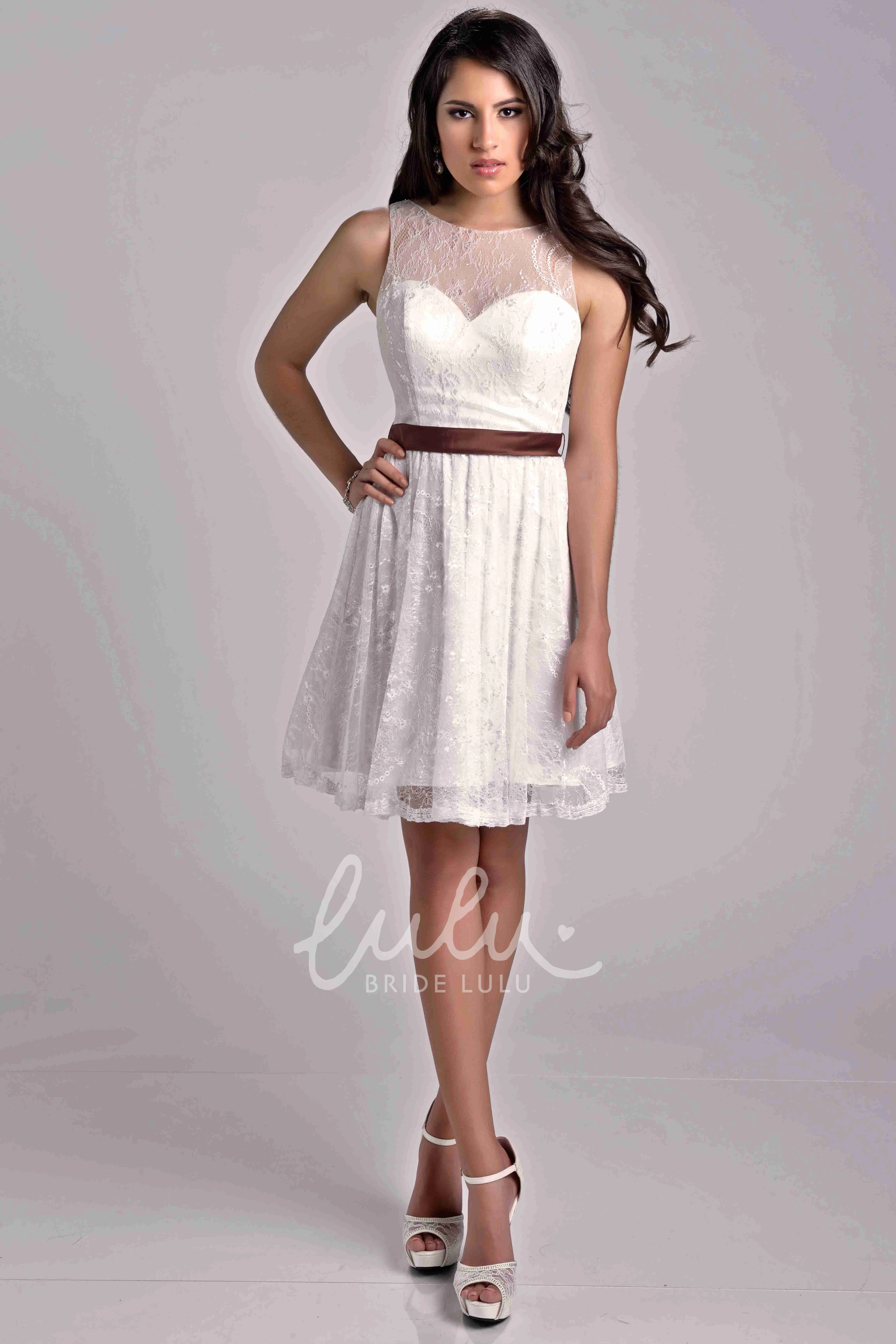 Short Lace A-Line Bridesmaid Dress with Satin Bow Sash Sleeveless
