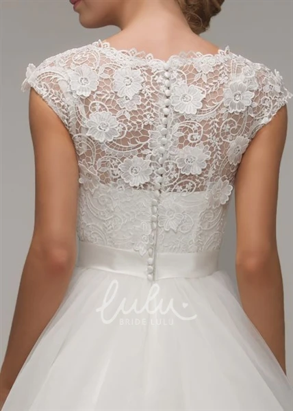 Cap-Sleeve Tulle A-Line Wedding Dress with Appliques and Illusion Scoop-Neck
