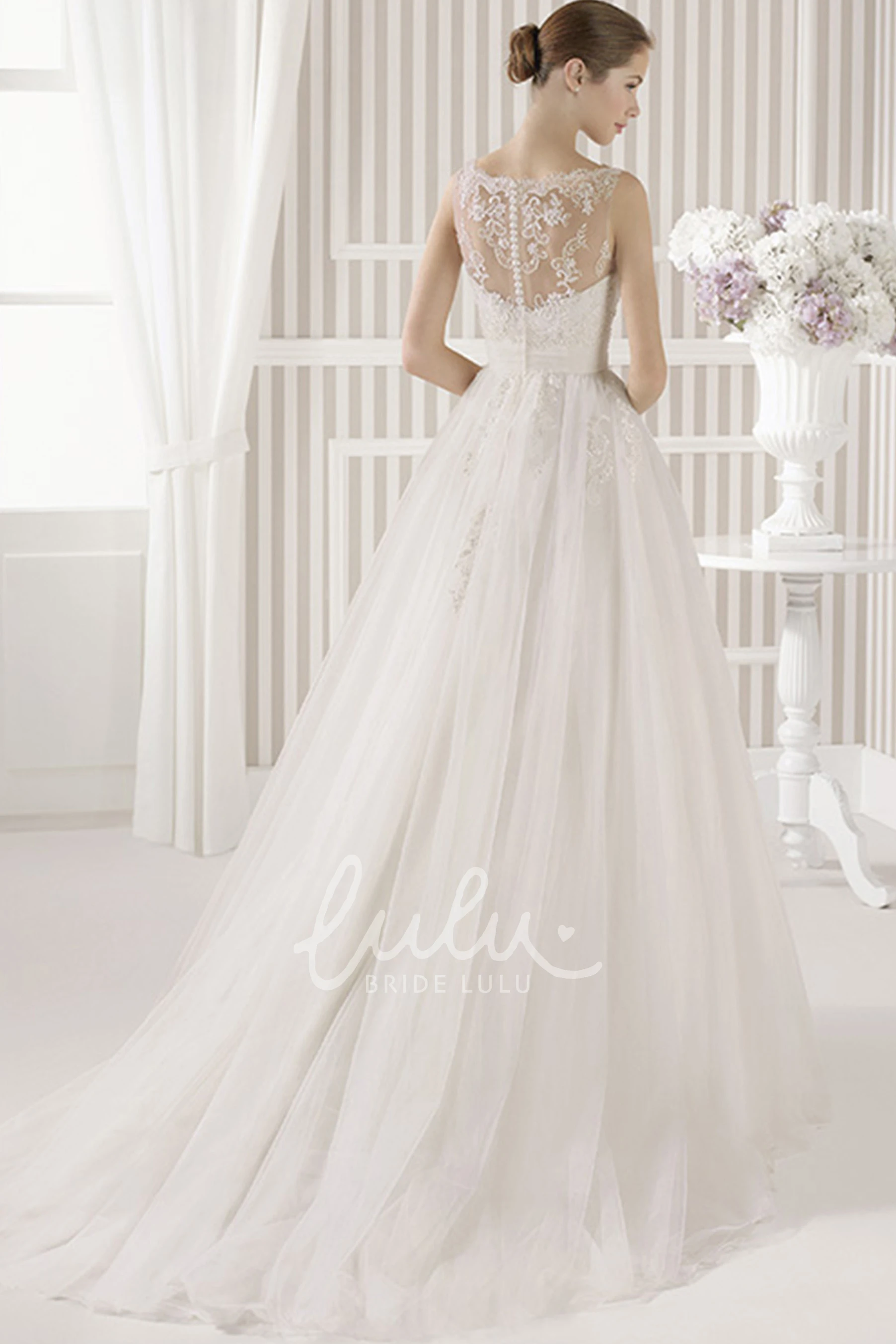 Maxi Appliqued Scoop Tulle&Satin A-Line Wedding Dress with Illusion Back Unique Bridal Gown
