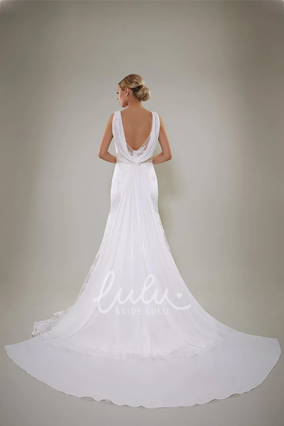 Appliqued Satin Sheath Wedding Dress with Low-V Back and Waist Jewelry