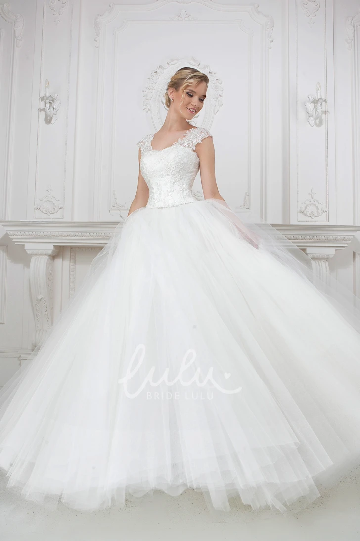 Appliqued Tulle Cap-Sleeve Ball Gown Wedding Dress Long V-Neck
