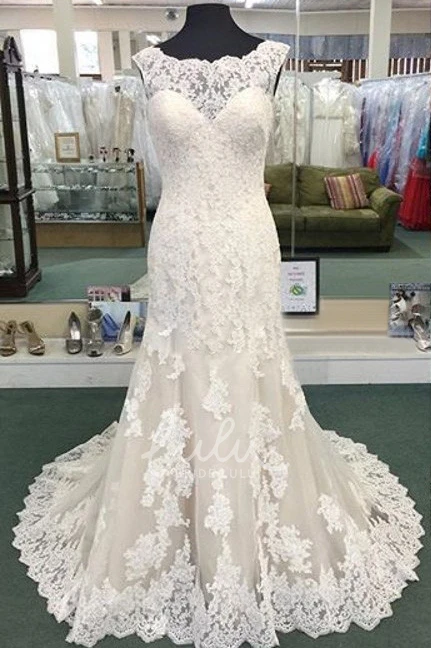 Sheath Pleated Lace Gown with Illusion Back and Cap Sleeves